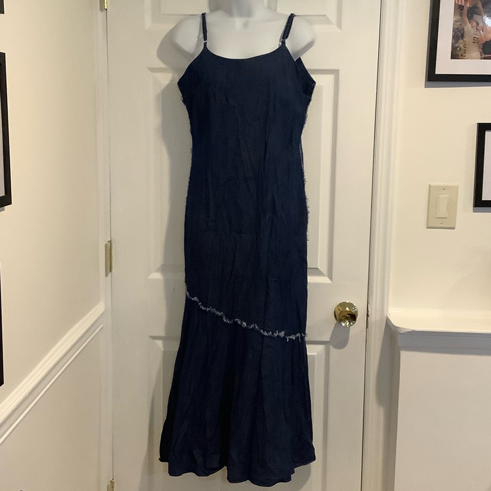 KEYYMOD Blue Chambray Coastal Cowgirl Frayed  Distressed Western Maxi Dress L